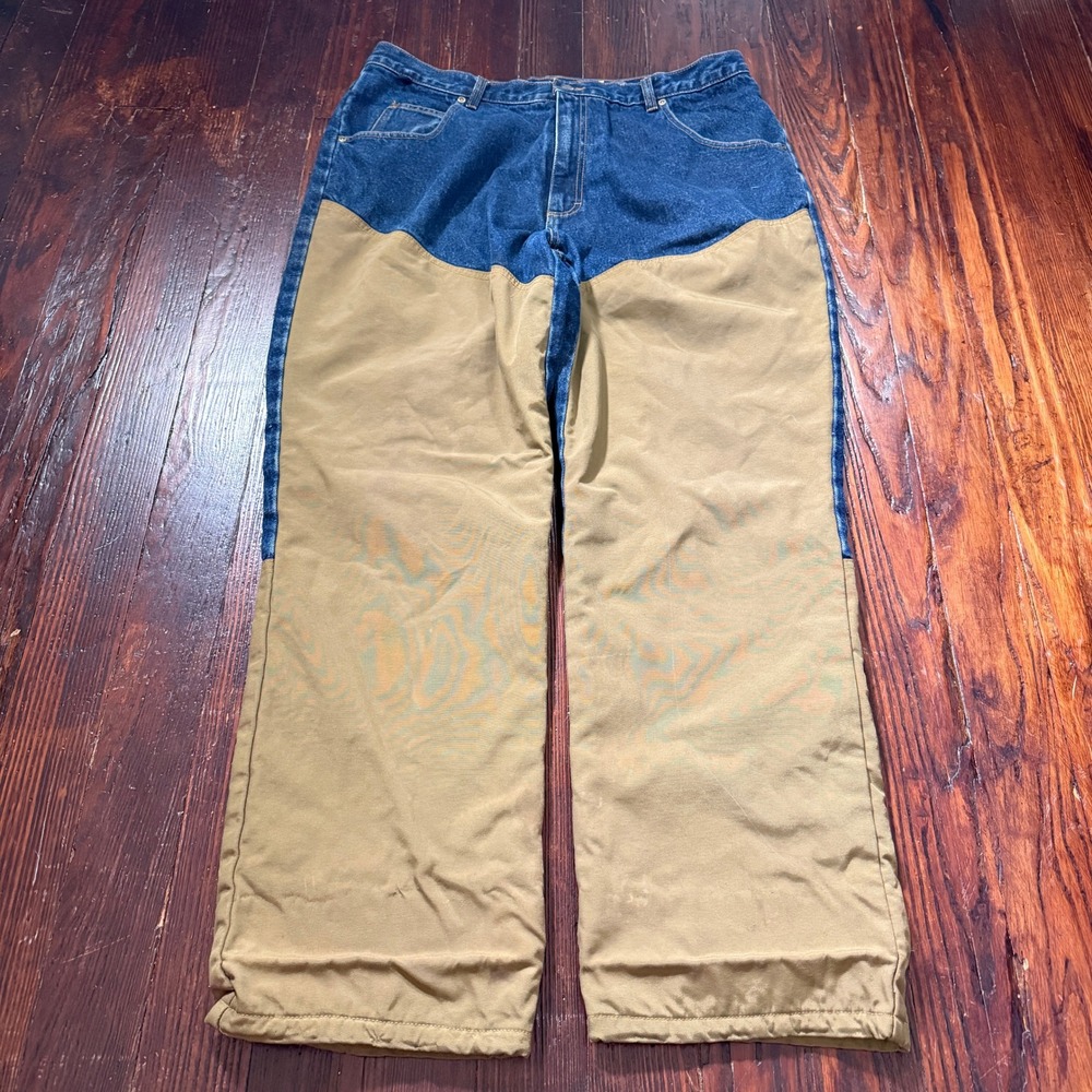 Field Stream Hunting Pants Mens 40x32 Blue Tan Flannel Lined Brush Guard Denim